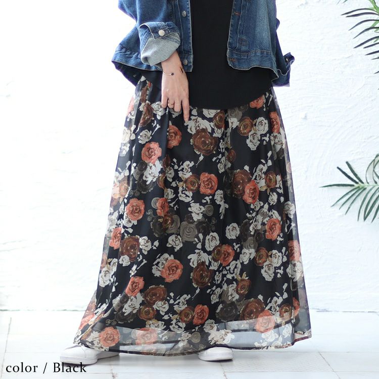 大きいサイズ レディース オーガンジー花柄プリントスカート　nw-23022