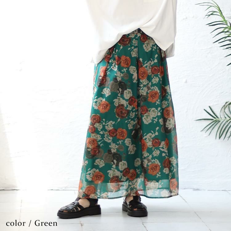 大きいサイズ レディース オーガンジー花柄プリントスカート　nw-23022 グリーン