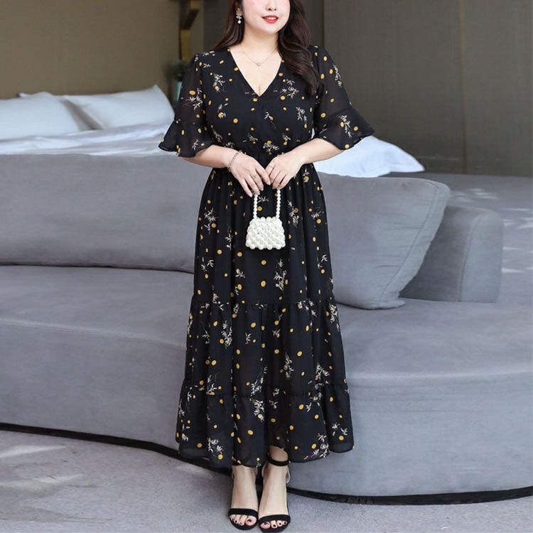 大きいサイズ レディース 花柄ティアードシフォンワンピース　goldy-1340