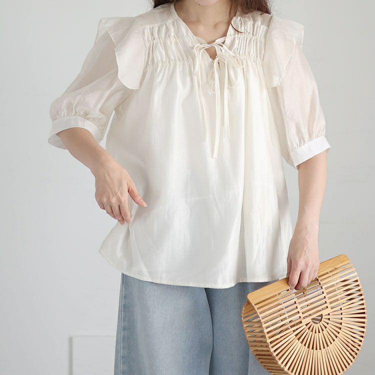 大きいサイズ レディース ダブルリボンフリルシアーブラウス　goldy-1309 【ゆうパケット可】