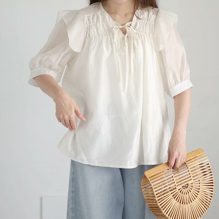 大きいサイズ レディース ダブルリボンフリルシアーブラウス　goldy-1309 【ゆうパケット可】 ホワイト