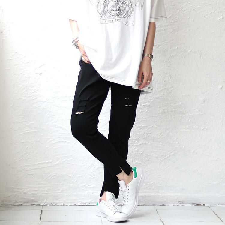 大きいサイズ レディース ダブルボタンダメージスキニーパンツ　goldy-1333 【メール便可】 ブラック