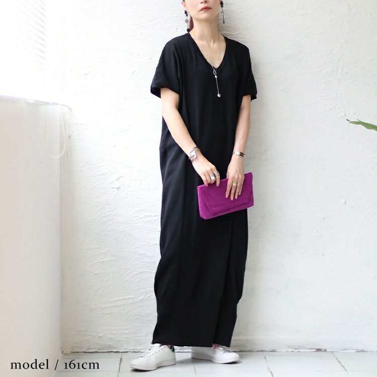 大きいサイズ レディース VネックIラインロングニットワンピース　sw-0550