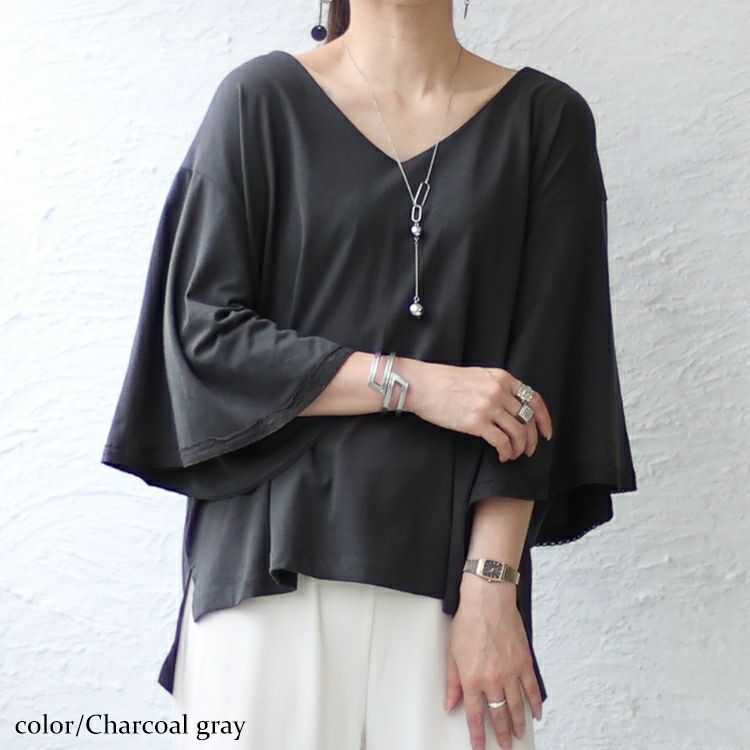 大きいサイズ レディース レースフレアスリーブVネックトップス　wk-0331