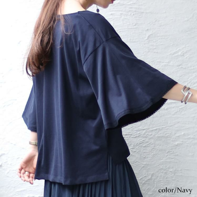 大きいサイズ レディース レースフレアスリーブVネックトップス　wk-0331 ネイビー
