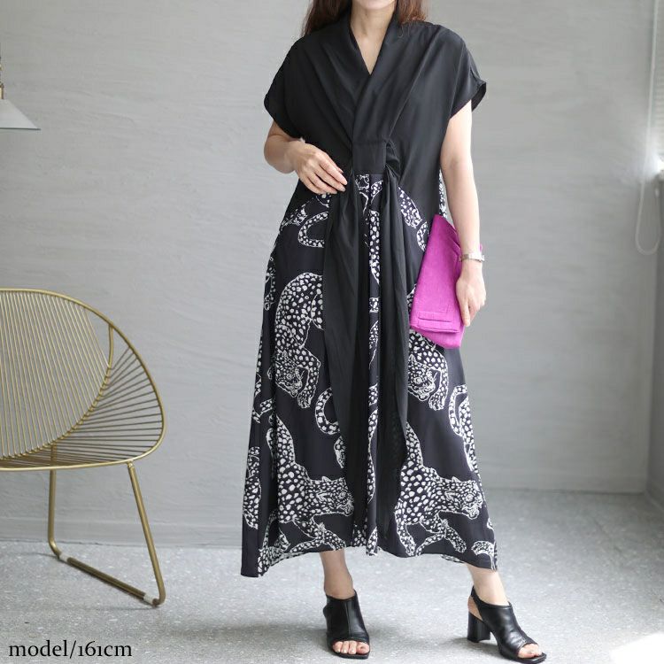 大きいサイズ レディース ヒョウ柄切替えデザインワンピース　goldy-1353 【ゆうパケット可】