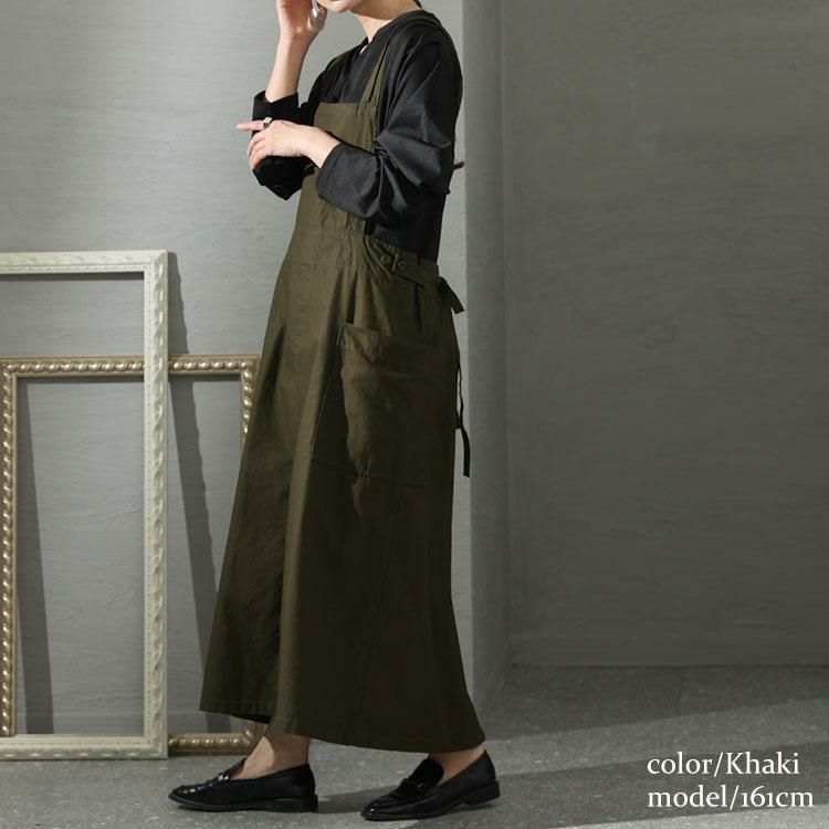 大きいサイズ レディース ツイルエプロンサロペットスカート　wc-0296 カーキ