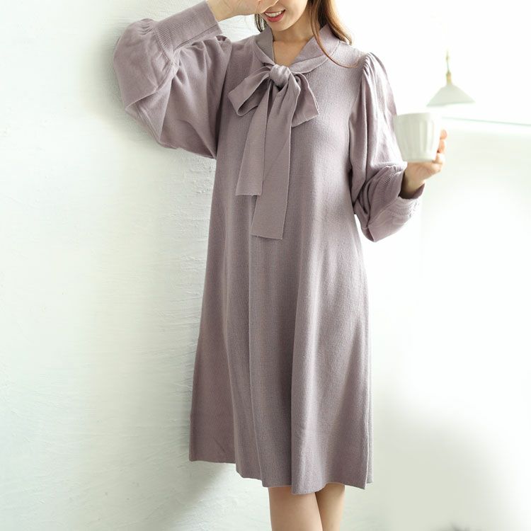大きいサイズ レディース ボウタイニットワンピース　fem-388