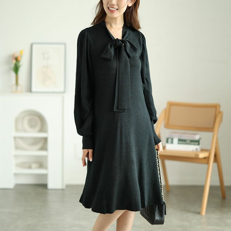 大きいサイズ レディース ボウタイニットワンピース　fem-388