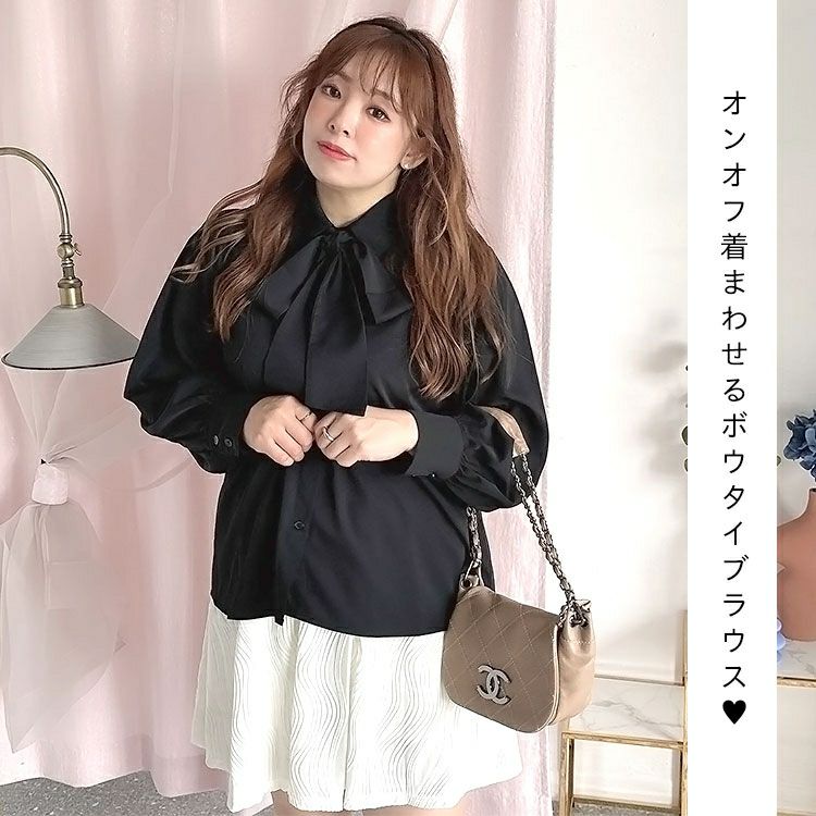 大きいサイズ レディース ボウタイ付きボリュームスリーブブラウス　fem-389