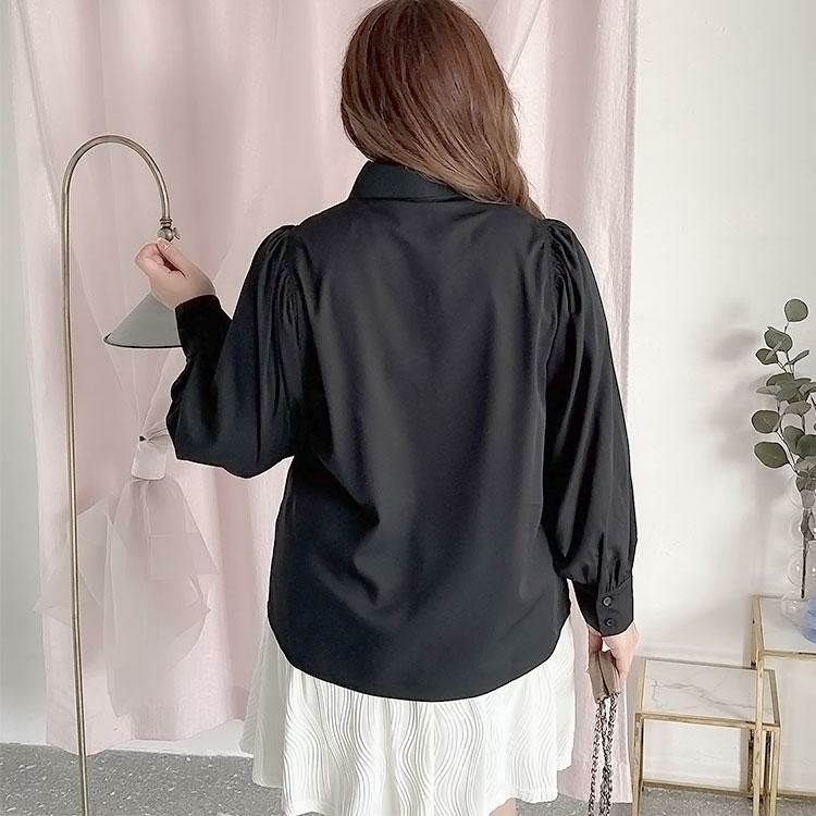 大きいサイズ レディース ボウタイ付きボリュームスリーブブラウス　fem-389 ブラック