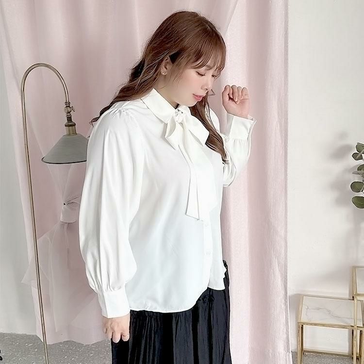大きいサイズ レディース ボウタイ付きボリュームスリーブブラウス　fem-389 オフホワイト