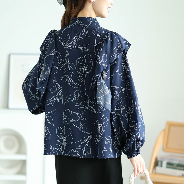 大きいサイズ レディース 花柄フリルボウタイブラウス　fem-386 【ゆうパケット可】