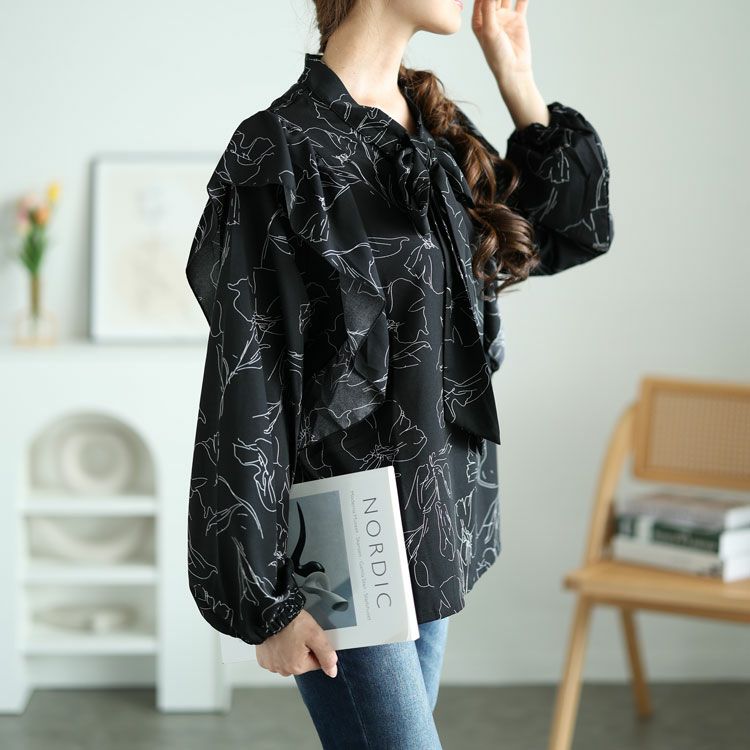 大きいサイズ レディース 花柄フリルボウタイブラウス　fem-386 【ゆうパケット可】