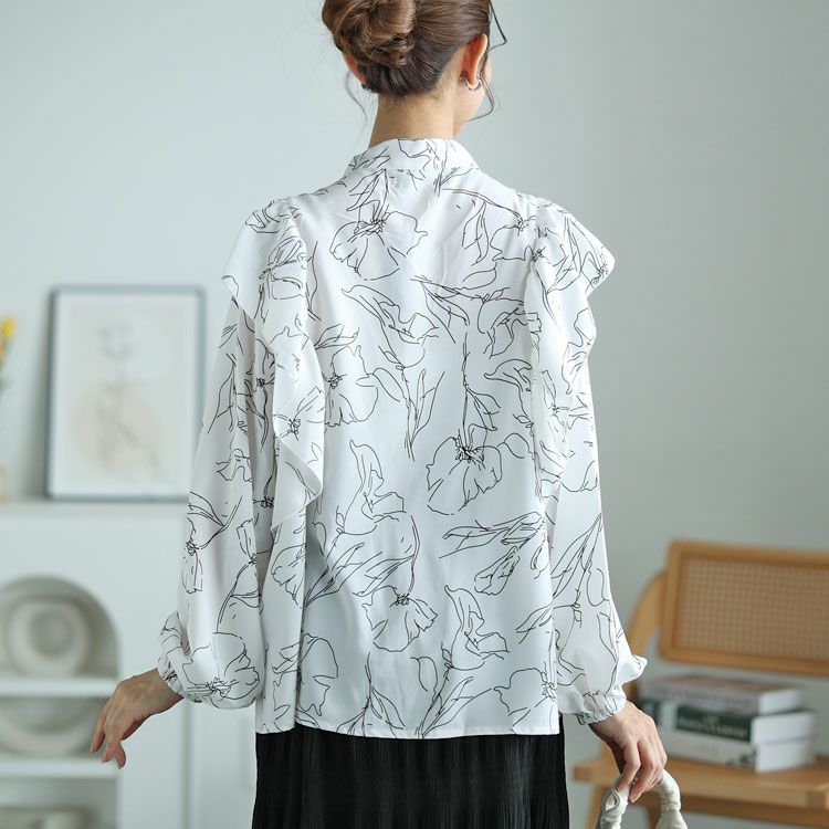 大きいサイズ レディース 花柄フリルボウタイブラウス　fem-386 【ゆうパケット可】