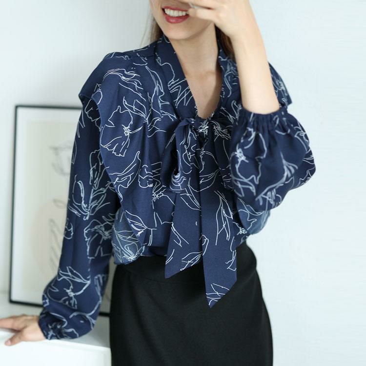 大きいサイズ レディース 花柄フリルボウタイブラウス　fem-386 【ゆうパケット可】 ネイビー