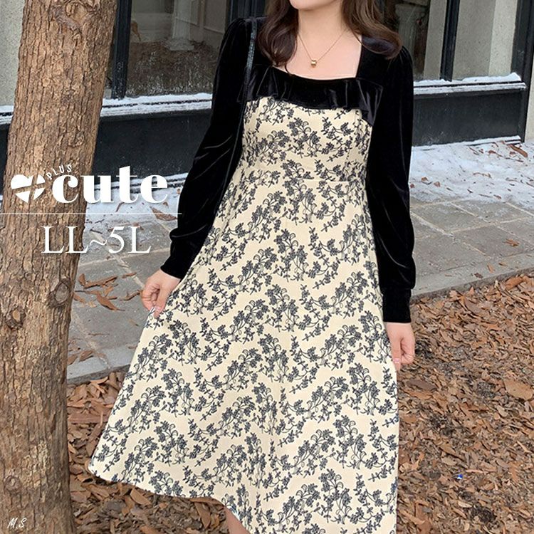 大きいサイズ レディース 胸元切替え花柄フレアワンピース　goldy-1370