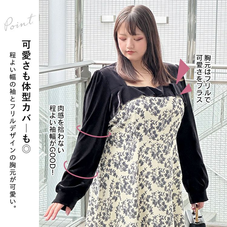 大きいサイズ レディース 胸元切替え花柄フレアワンピース　goldy-1370