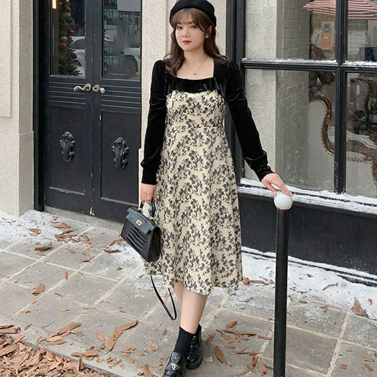 大きいサイズ レディース 胸元切替え花柄フレアワンピース　goldy-1370