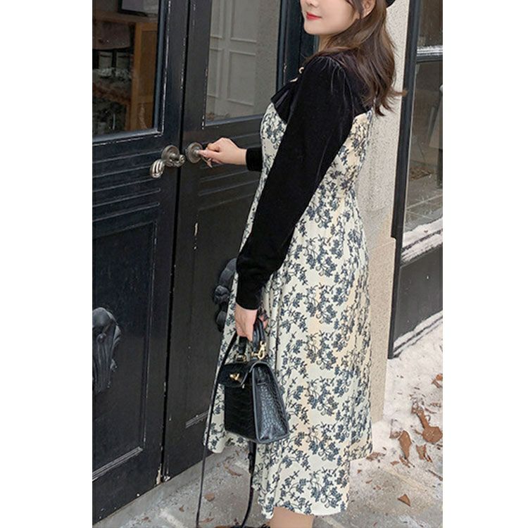 大きいサイズ レディース 胸元切替え花柄フレアワンピース　goldy-1370