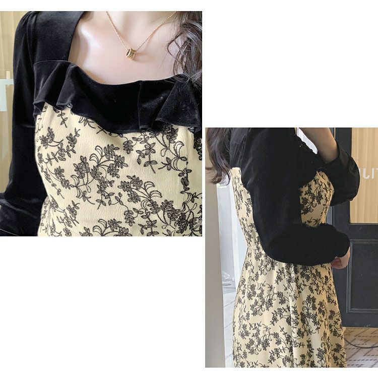 大きいサイズ レディース 胸元切替え花柄フレアワンピース　goldy-1370