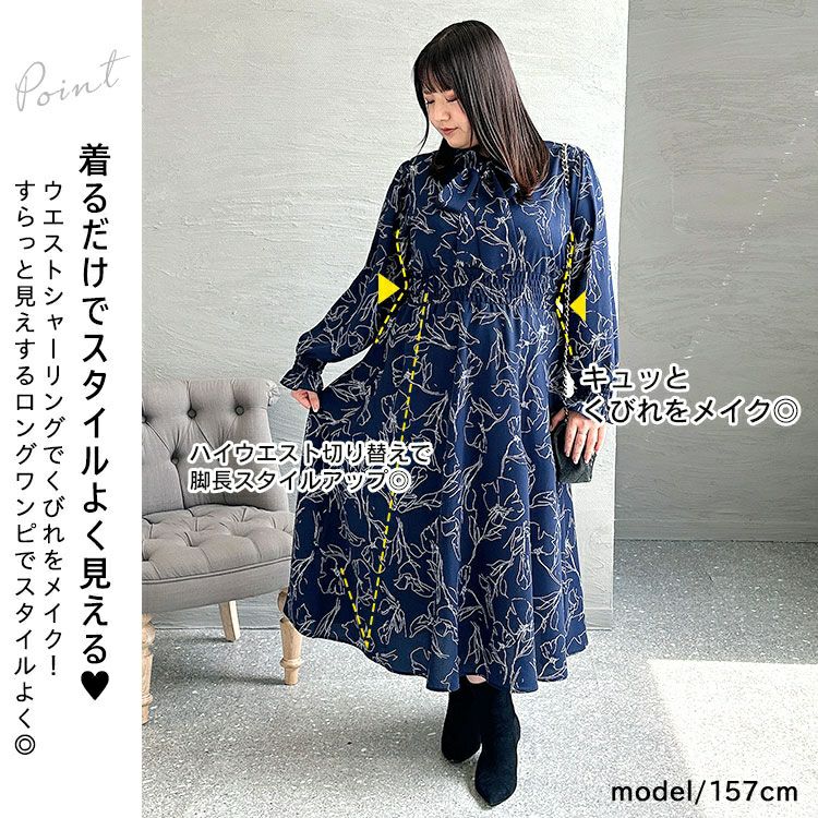 大きいサイズ レディース 花柄ボウタイシャツワンピース　fem-401