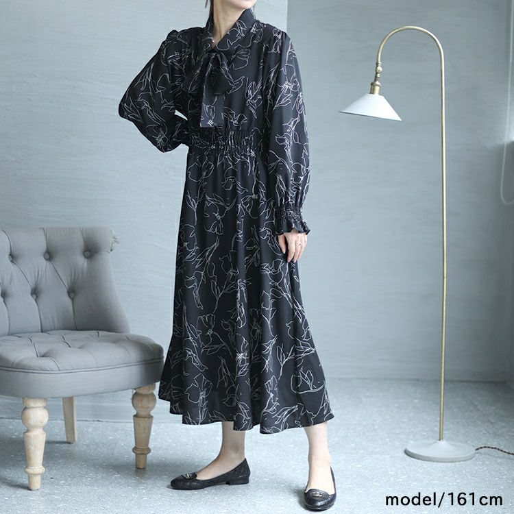 大きいサイズ レディース 花柄ボウタイシャツワンピース　fem-401