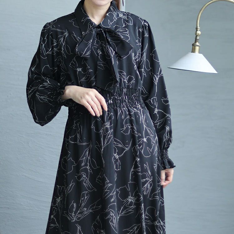 大きいサイズ レディース 花柄ボウタイシャツワンピース　fem-401