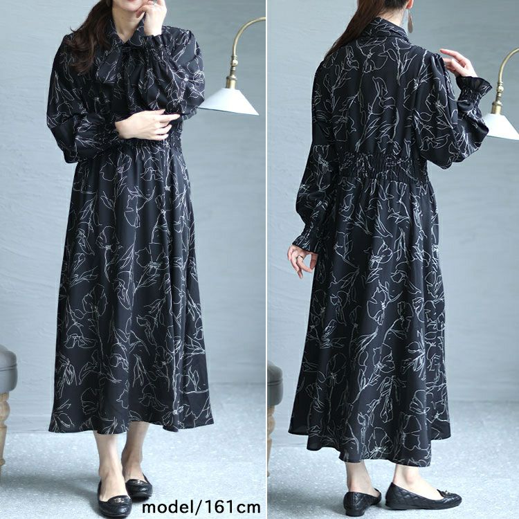 大きいサイズ レディース 花柄ボウタイシャツワンピース　fem-401