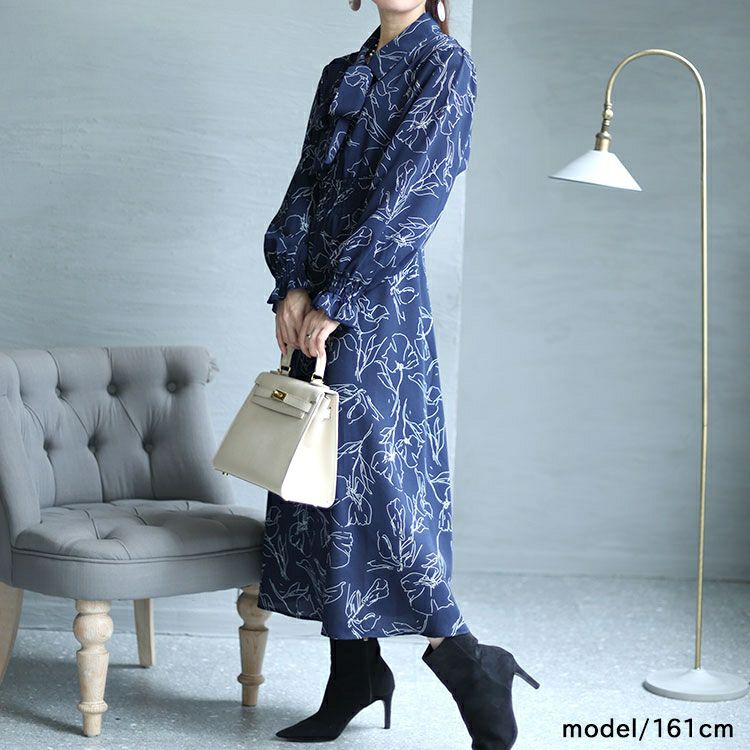 大きいサイズ レディース 花柄ボウタイシャツワンピース　fem-401