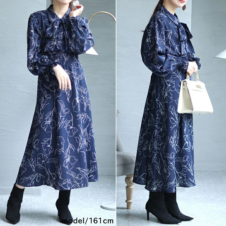 大きいサイズ レディース 花柄ボウタイシャツワンピース　fem-401