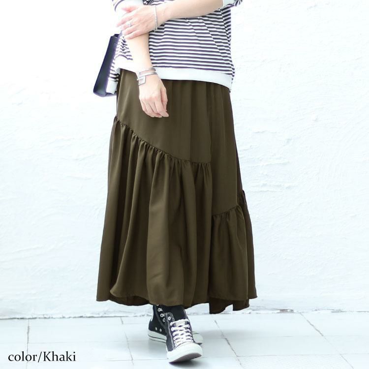 大きいサイズ レディース 変形ティアードスカート　fem-395 カーキ