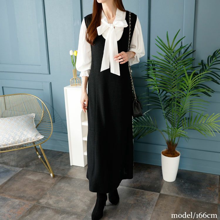 大きいサイズ レディース ボウタイブラウス＆ニットワンピースセット　fem-393