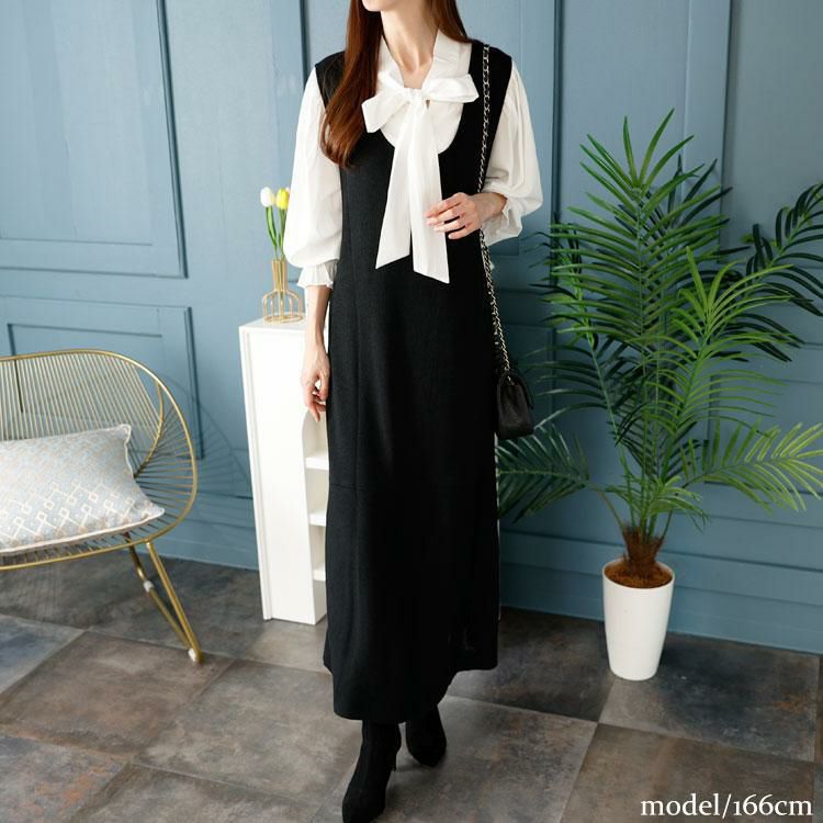 大きいサイズ レディース ボウタイブラウス＆ニットワンピースセット　fem-393 ブラック