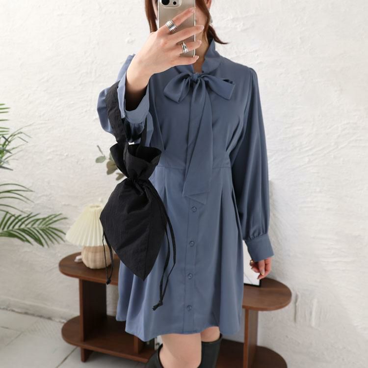 大きいサイズ レディース ボウタイタックワンピース　fem-394 ブルーグレー