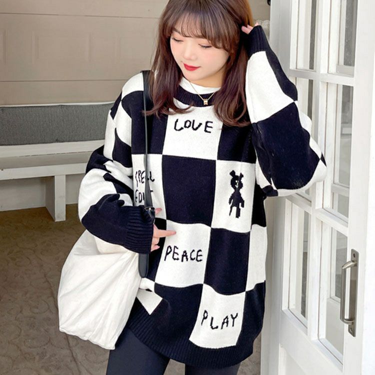 大きいサイズ レディース チェッカーフラッグニットトレーナー　goldy-1376