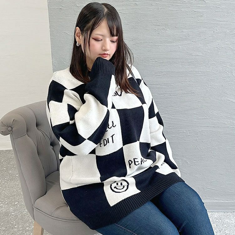 大きいサイズ レディース チェッカーフラッグニットトレーナー　goldy-1376