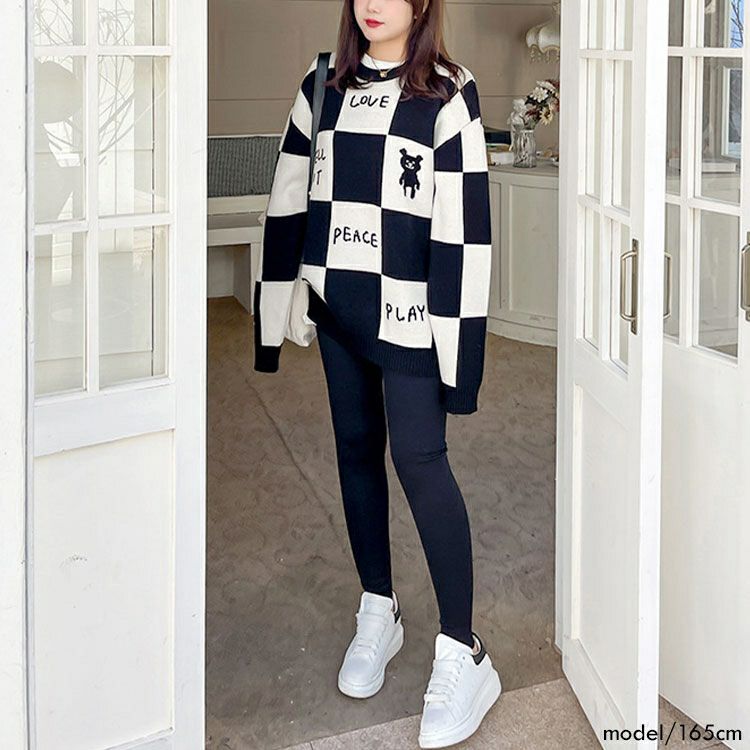 大きいサイズ レディース チェッカーフラッグニットトレーナー　goldy-1376