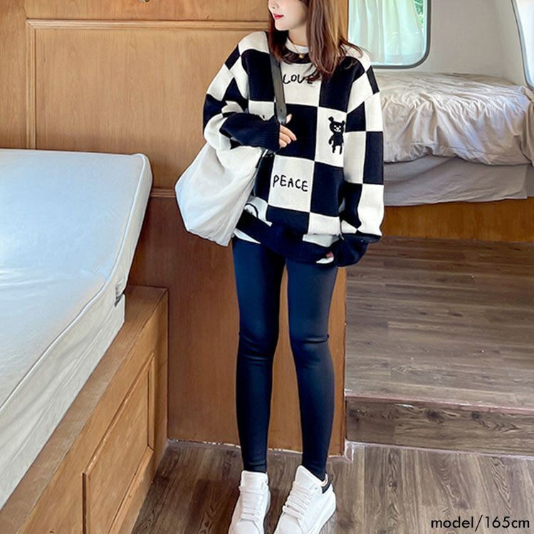 大きいサイズ レディース チェッカーフラッグニットトレーナー　goldy-1376