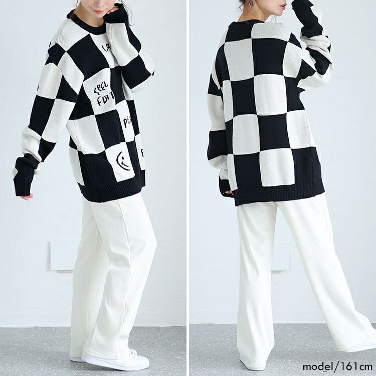大きいサイズ レディース チェッカーフラッグニットトレーナー　goldy-1376