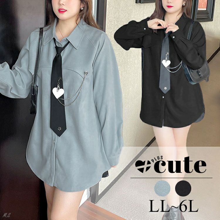 大きいサイズ レディース ネクタイ付きロングシャツ　goldy-1372