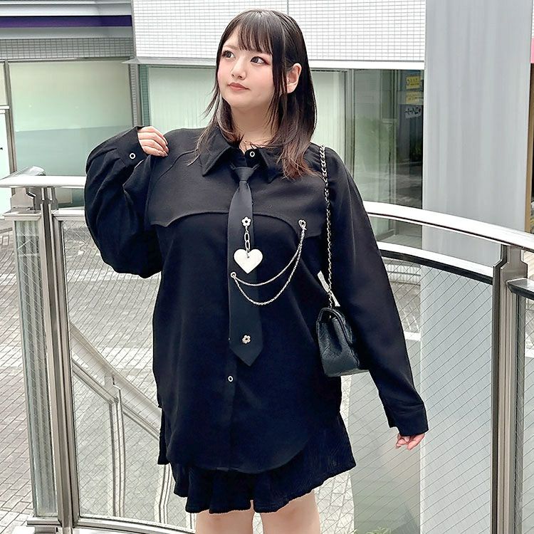 大きいサイズ レディース ネクタイ付きロングシャツ　goldy-1372