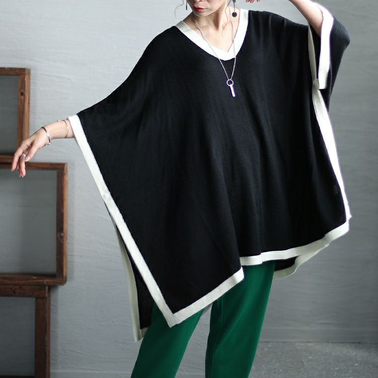 大きいサイズ レディース 配色ニットポンチョ　bro-0015