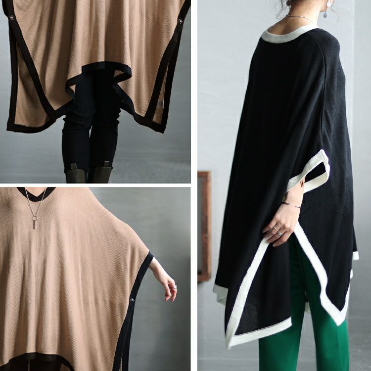 大きいサイズ レディース 配色ニットポンチョ　bro-0015