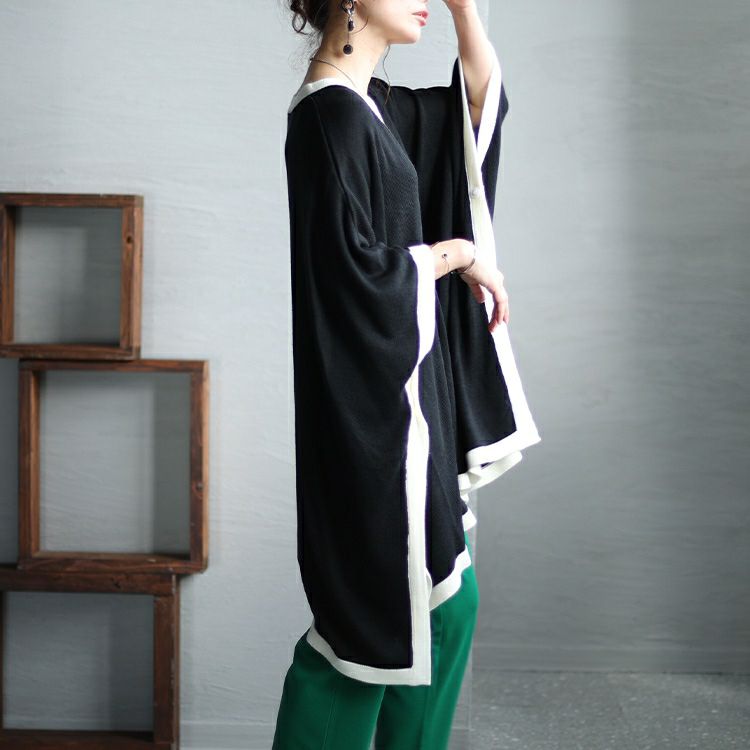 大きいサイズ レディース 配色ニットポンチョ　bro-0015