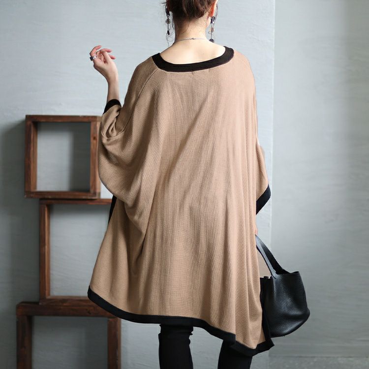 大きいサイズ レディース 配色ニットポンチョ　bro-0015