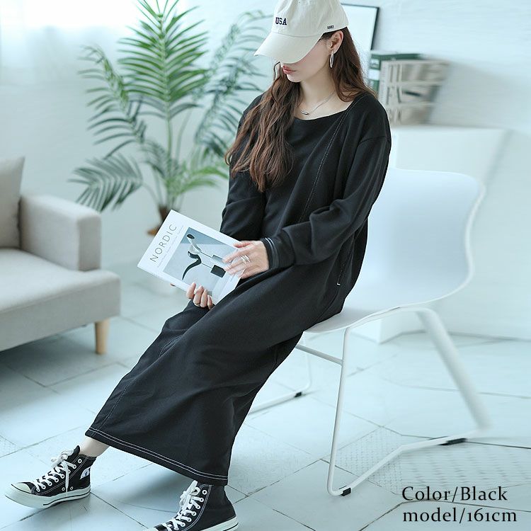 大きいサイズ レディース バックポケット付きステッチワンピース　bro-0028