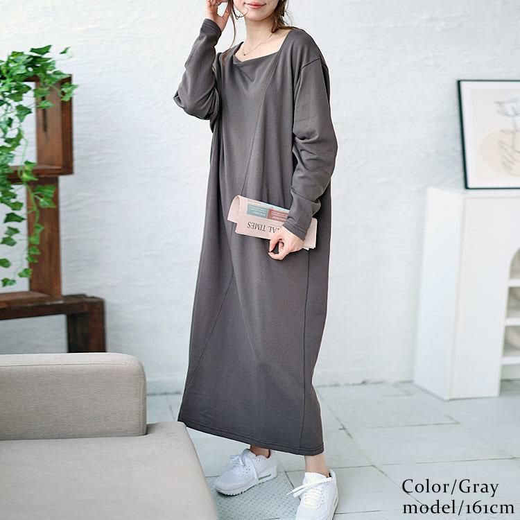 大きいサイズ レディース バックポケット付きステッチワンピース　bro-0028 グレー
