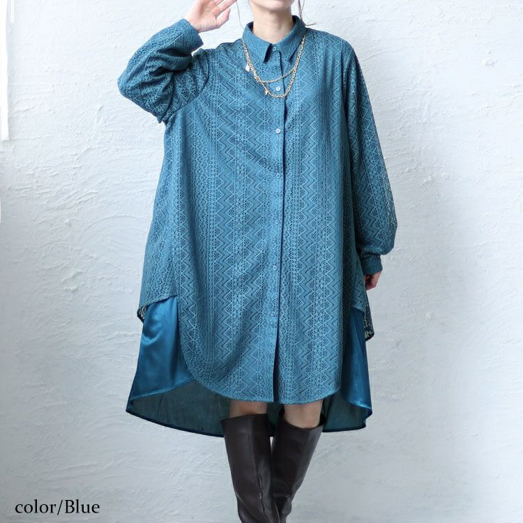 大きいサイズ レディース フェイクレイヤードレースシャツワンピース　bro-0025