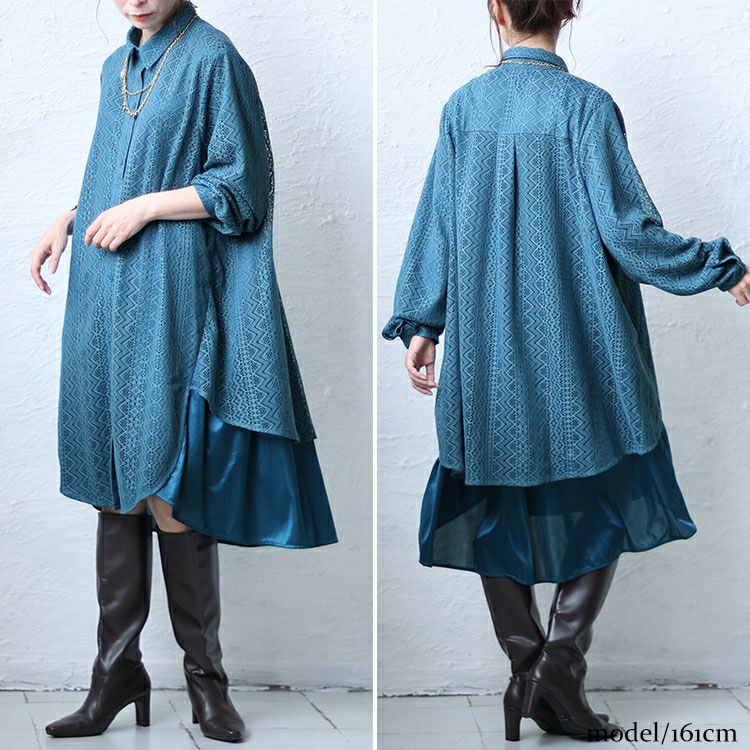 大きいサイズ レディース フェイクレイヤードレースシャツワンピース　bro-0025